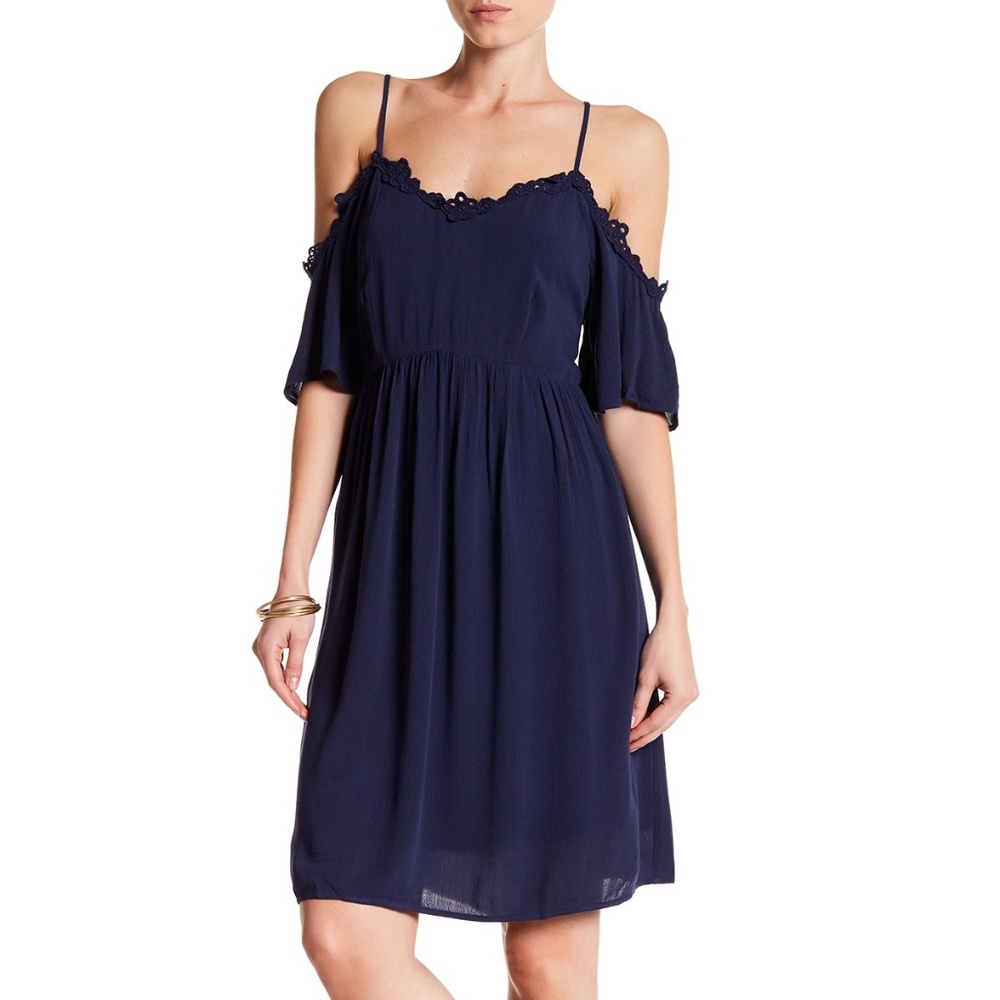 Crepe Lace Trim Cold Shoulder Dress